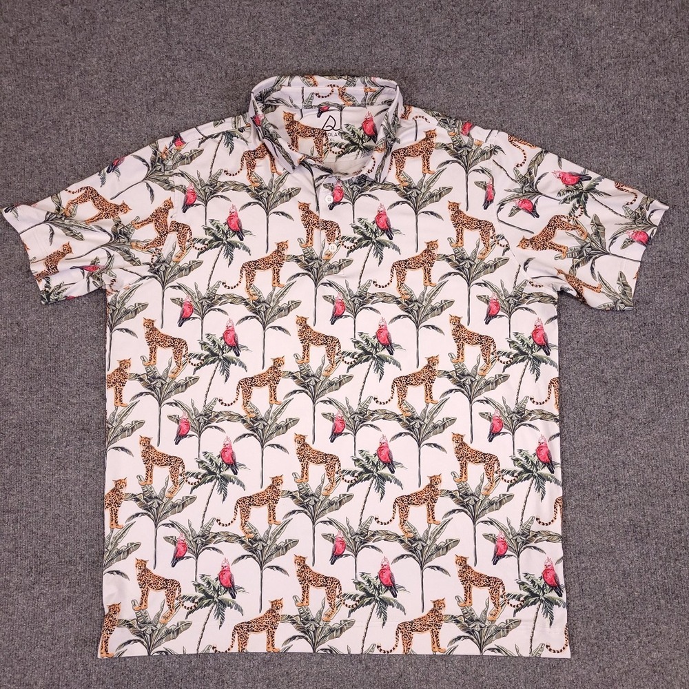 Deolax Men's XXL Golf Polo Shirt Bird Leopard Tropical Print Stretch - Picture 2 of 11